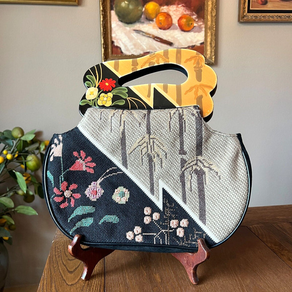 Vtg Patricia Smith Moon Bags Needlepoint Beaded Leather Floral Tropical Art